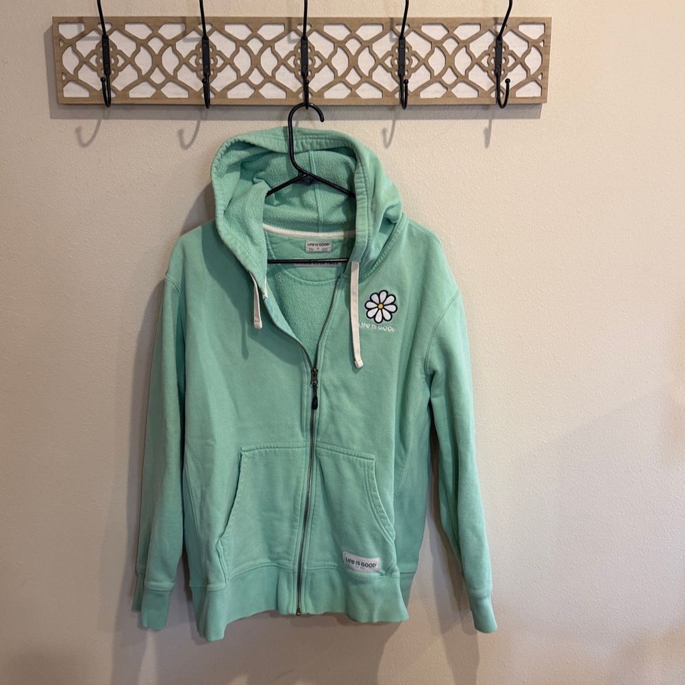 Life is Good Zip Up Hoodie Jacket Navy Blue Rainbow Beach Graphic Womens Small